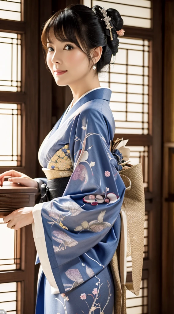 Best Quality, masutepiece, 超A high resolution, (Photorealistic:1.4), Raw photo, One bewitching woman, age 40s,Kimono beauty with a crane pattern, gros-plan, Looking at Viewer, castle town, short-hair, Beautiful photos,is beautiful,fullbody image,