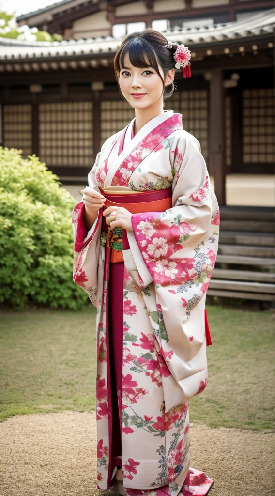 Best Quality, masutepiece, 超A high resolution, (Photorealistic:1.4), Raw photo, One bewitching woman, age 40s,Kimono beauty with a crane pattern, gros-plan, Looking at Viewer, castle town, short-hair, Beautiful photos,is beautiful,fullbody image,