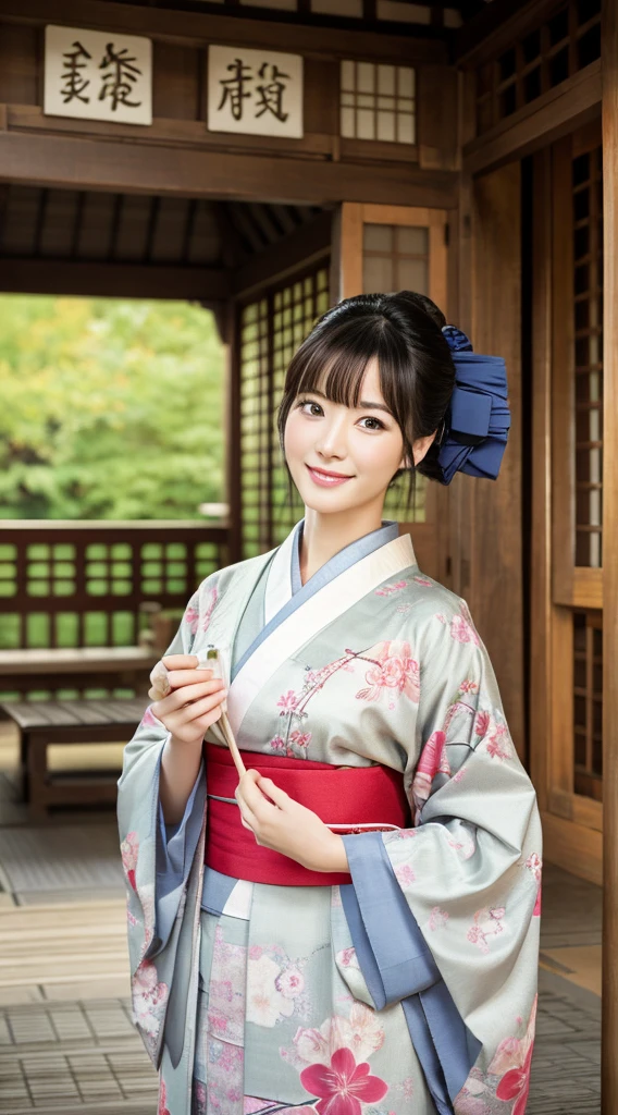 Best Quality, masutepiece, 超A high resolution, (Photorealistic:1.4), Raw photo, One bewitching woman, age 40s,Kimono beauty with a crane pattern, gros-plan, Looking at Viewer, castle town, short-hair, Beautiful photos,is beautiful,fullbody image,