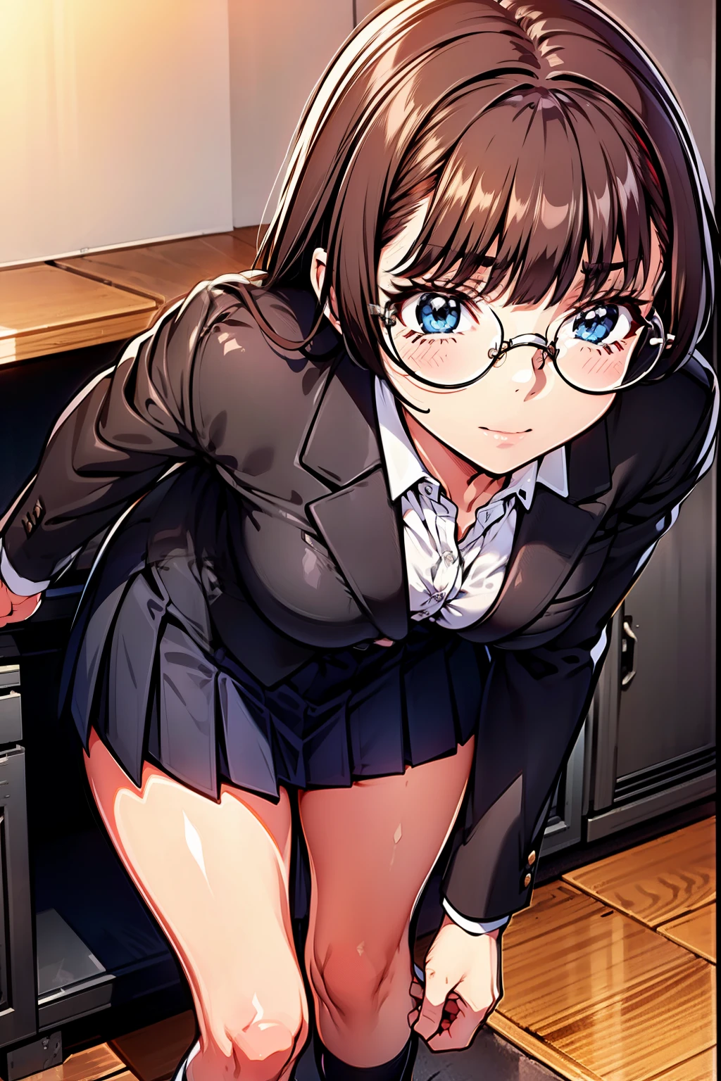 Women wearing grey school uniform, glasses ,brown hair, grey hair, white socks,