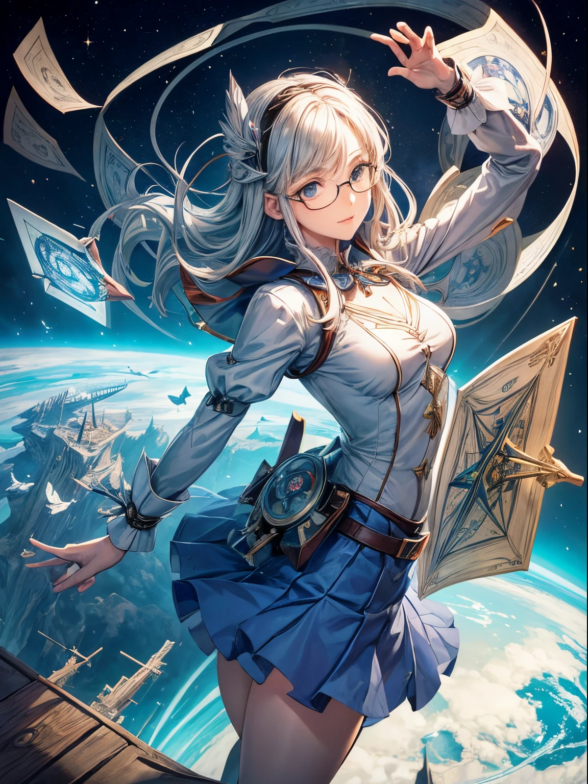 Anne Anderson, Anton Pieck, Surreal, mysterious, bizarre, fantastical, fantasy, Sci-fi, Japanese anime, origami engineering laboratory, a genius miniskirt girl with glasses who creates a non-Euclidean geometric three-dimensional space model with origami, perfect voluminous body, double helix structure of time and space, foldable, detailed masterpiece