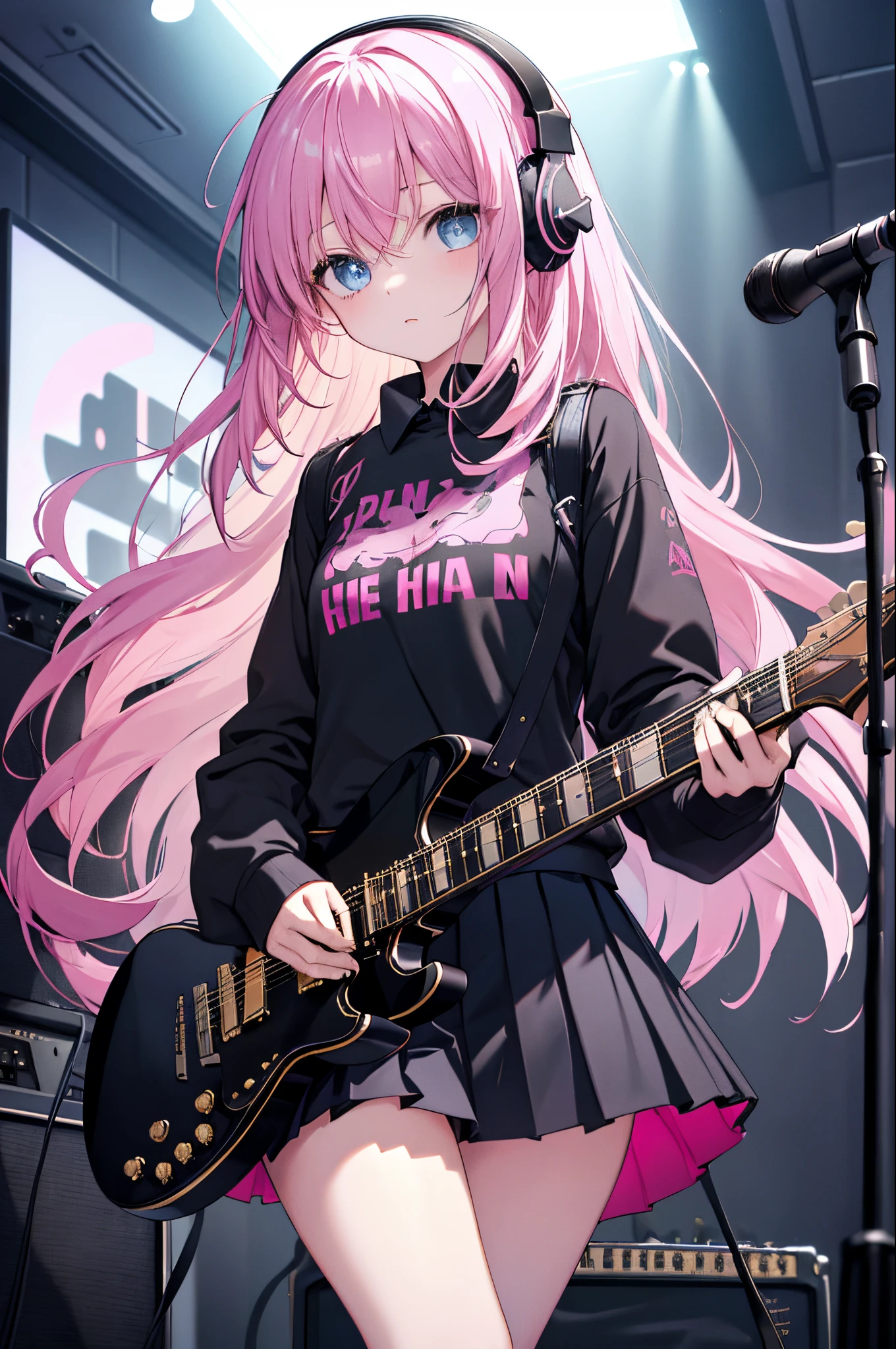 (Masterpiece, top quality) 1 girl, solo, black skirt, blue eyes, electric guitar, guitar, headphones, holding, plectrum, musical instrument, long hair, music, one side up, pink hair, guitar playing, pleated skirt, black shirt, indoor