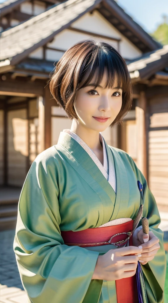 Best Quality, masutepiece, 超A high resolution, (Photorealistic:1.4), Raw photo, One bewitching woman, age 40s,Kimono beauty with a crane pattern, gros-plan, Looking at Viewer, castle town, short-hair, Hair Ornament,Beautiful photos,is beautiful,fullbody image,