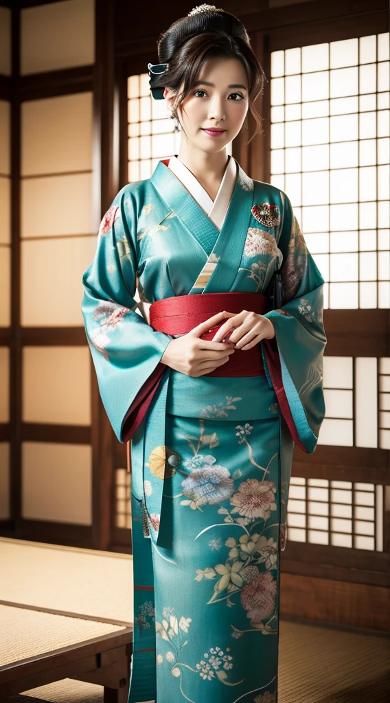 Best Quality, masutepiece, 超A high resolution, (Photorealistic:1.4), Raw photo, One bewitching woman, age 40s,Kimono beauty with a crane pattern, gros-plan, Looking at Viewer, castle town, short-hair, Hair Ornament,Beautiful photos,is beautiful,fullbody image,