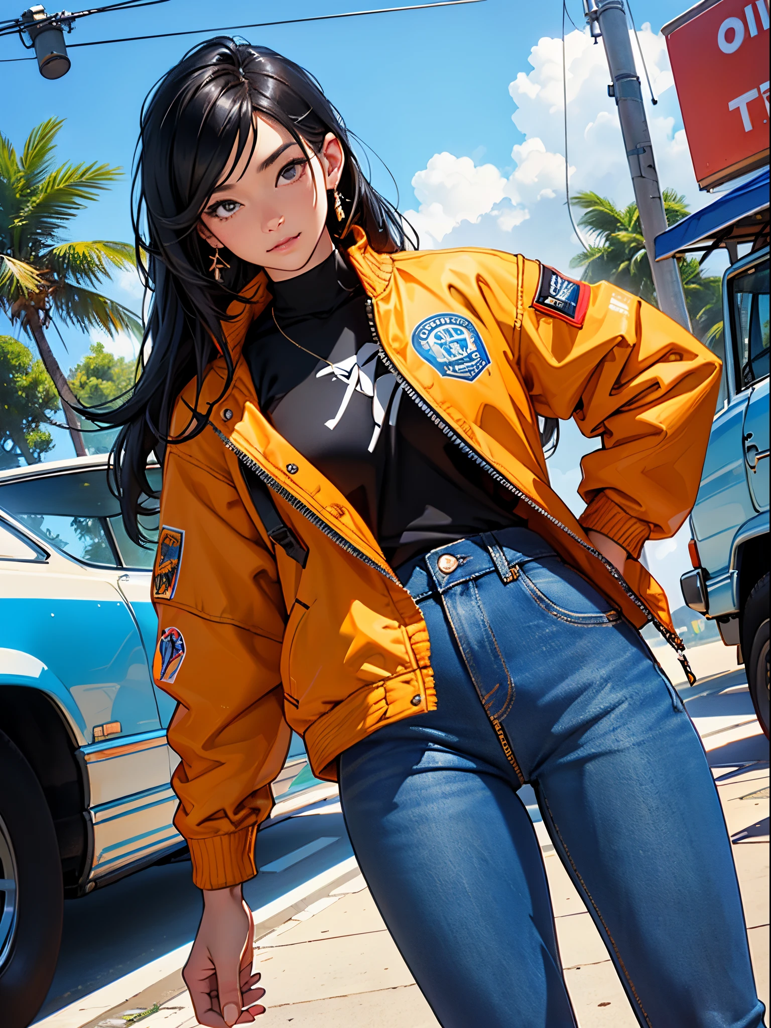 Orange and Indigo Keynote Speech、Vibrant colors、((masterpiece)))、(((top-quality)))、((ultra-detailliert))、(A hyper-realistic)、(highly detailed CGillustration)、Official art、CD cover、urbane、City Pop、Palm trees、seaside、Long Black Hair、It will be、Cool feeling、Mid summer、Stylish、glorious 1980s、Cool Beauty、cochetti gorgeous、matchless beauty、jaket、jeans、Female Solo、Perfect Angle、perfect-composition、Face Close-up