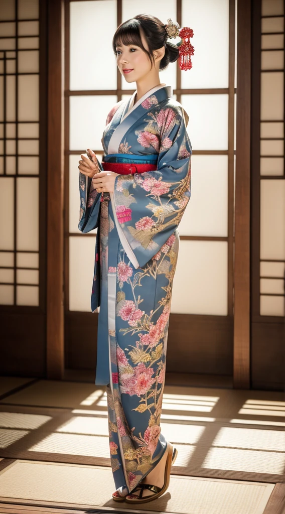 Best Quality, masutepiece, 超A high resolution, (Photorealistic:1.4), Raw photo, One bewitching woman, age 40s,Kimono beauty with a crane pattern, gros-plan, Looking at Viewer, castle town, short-hair, Hair Ornament,Beautiful photos,is beautiful,fullbody image,