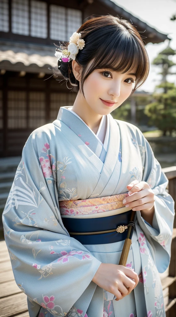Best Quality, masutepiece, 超A high resolution, (Photorealistic:1.4), Raw photo, One bewitching woman, age 40s,Kimono beauty with a crane pattern, gros-plan, Looking at Viewer, castle town, short-hair, Hair Ornament,Beautiful photos,is beautiful,fullbody image,