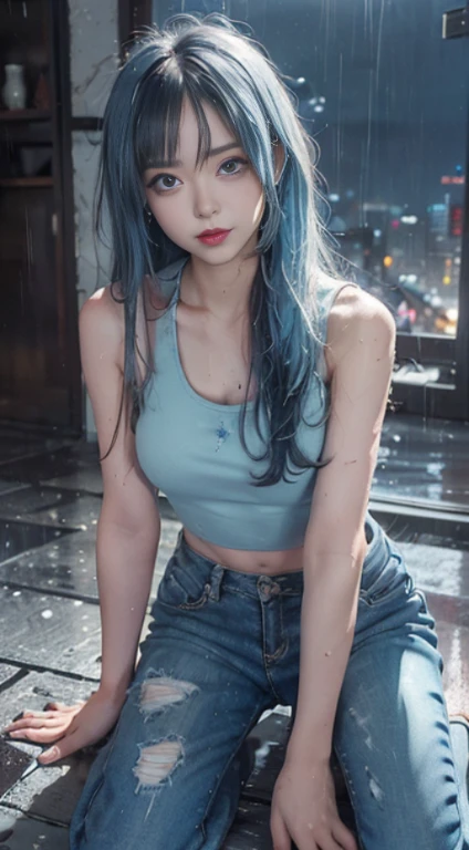 photorealistic, masterpiece, photorealistic, high resolution, soft light, hips up, blue eyes, blue hair, long hair, street wear, stylist outfit, thigh highs, jewelry, tattoo, back view
