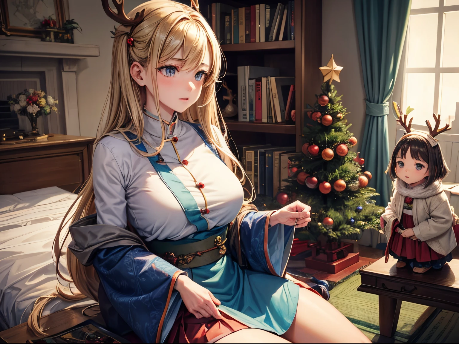 Mabel Attwell, Keiko Takemiya, James Jean, Surreal, mysterious, strange, fantastical, fantasy, sci-fi, Japanese anime, dwarfs carrying a Christmas tree, beautiful blonde miniskirt girl Alice preparing for Christmas, perfect voluminous body, dwarfs looking up at Alice’s miniskirt sneering, comical, along with the reindeer, detailed masterpiece