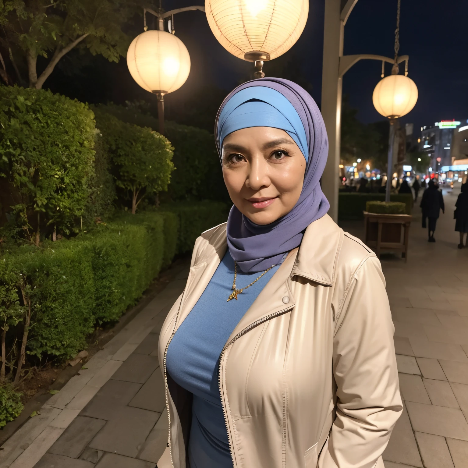 58 Years old, Indonesian mature woman, wearing Wide Hijab, perfect , natural Gigantic breast : 66.9, gorgeous eyes, Soft smile, wear a unzipped Jacket, No Wearing Bra, necklace, hairband, Breast about to burst Out, Nightime walk, City garden, Excellent lighting, Light colors, Clean lines