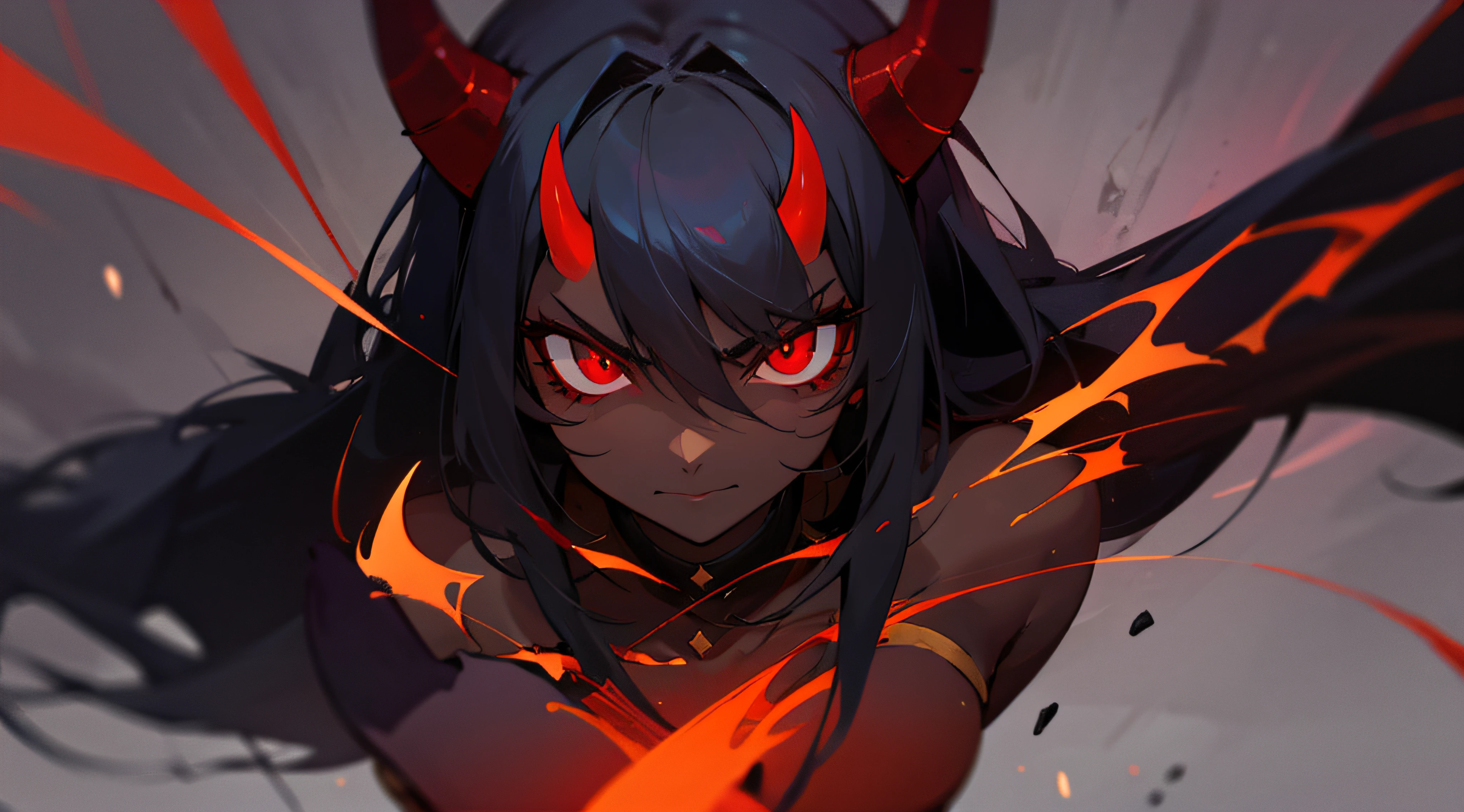 Dark skin, Female Demon, Red Eyes, Horns, Evil Glare