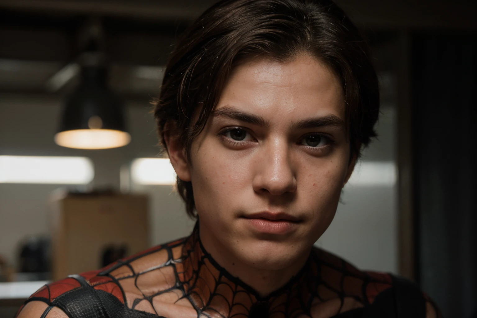 A photograph of spider man, no mask, 20 yo, handsome, detailed face, looking at camera, portrait, 8k uhd, high quality