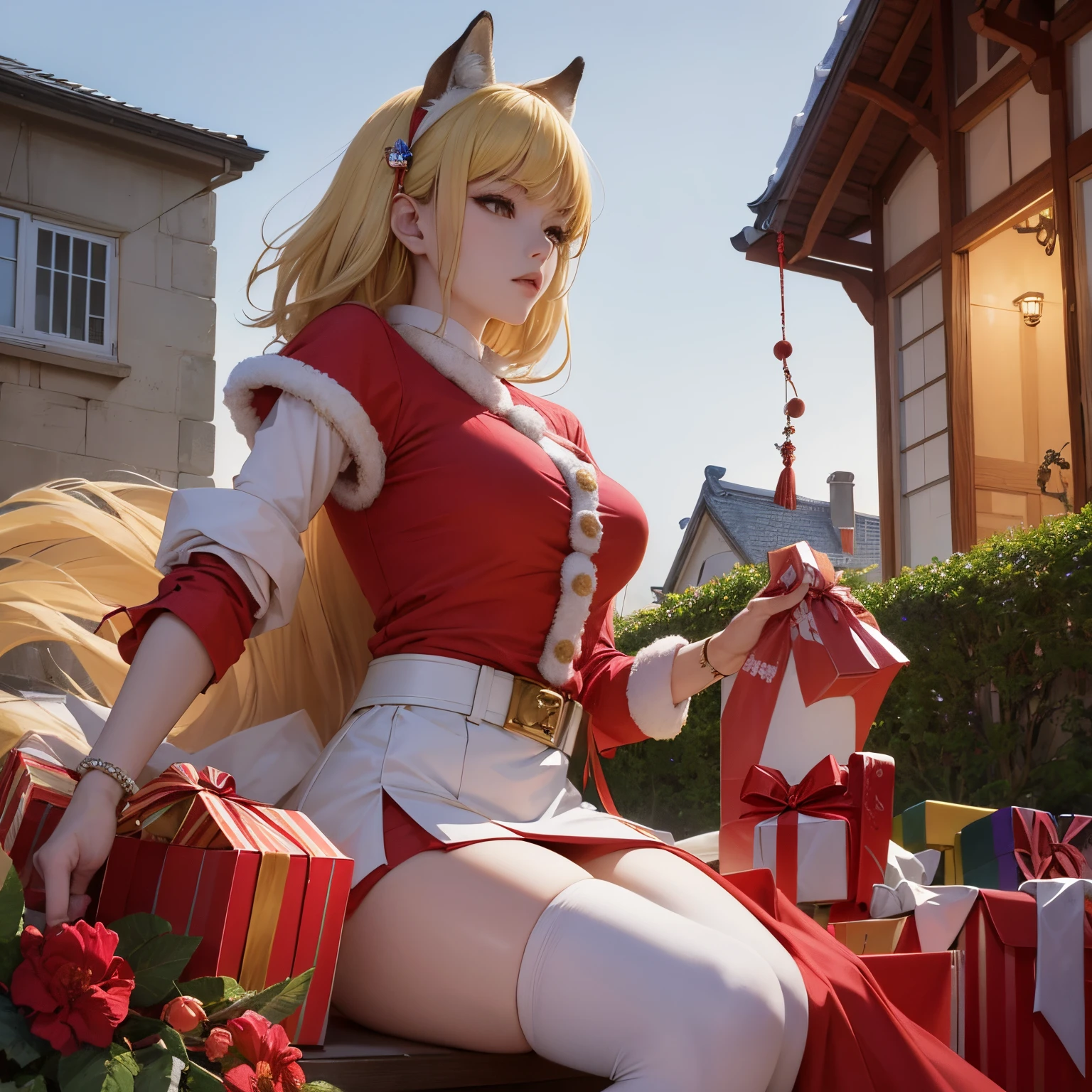 Nanae Haruno, George Barbier, Surreal, mysterious, bizarre, fantastical, fantasy, Sci-fi, Japanese anime, Alice, a beautiful blonde miniskirt girl in a Santa costume, perfect voluminous body, on the roof, thinking about going in through the chimney to hand out presents. Next to her is a sleigh pulled by reindeer and a pile of presents, detailed masterpiece