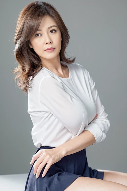 Pale solid color background,masutepiece, Best Quality, Photorealsitic, super detailed skin, Sharpen, Perfect ???????, ???????, japanese mature, 独奏, 45 yers old, Large breasts, Plump body, Keep your mouth tightly closed, Serious look,Female Teacher, glamor, A sexy, Chromo-white skin, erect through, From thigh to head, White blouses,Navy blue skirt, Staring at this, Looking at Viewer