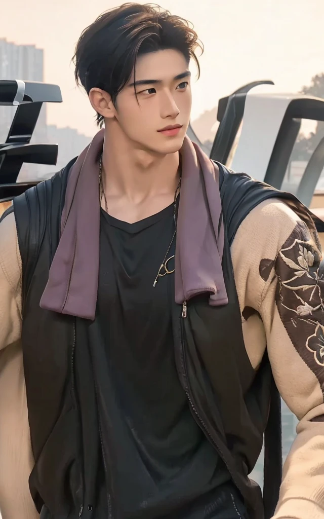 (best quality,ultra-detailed,realistic:1.37), young handsome boy, muscular, with an Asian Korean face, piercing and detailed eyes, sharp nose, plump and well-defined lips, fair white skin, and lustrous black hair. The boy exudes confidence and charm.
portrait, oil painting, highres rendering, with vivid colors and sharp focus. The artwork captures the boy's strong physique, capturing every contour and muscle definition in great detail.
The boy is standing in a lush garden, surrounded by vibrant flowers and lush greenery. The sunlight softly illuminates his face, casting a warm and inviting glow. The scene is bathed in a beautiful golden hour lighting, adding depth and warmth to the overall composition.
He is dressed in a stylish and well-fitted suit, exuding elegance and sophistication. The suit emphasizes his strong physique, showcasing his muscular build.
In the background, we can see a serene landscape with rolling hills and a clear blue sky. The scenery complements the boy's charisma, creating a harmonious and captivating composition.
The artwork combines the beauty of traditional oil painting techniques with the precision and detail of modern digital rendering. The brushstrokes are visible, adding texture and depth to the artwork.
The color palette is rich and vibrant, with a focus on warm, earthy tones that enhance the boy's features and convey a sense of warmth and intimacy.
Overall, the artwork portrays the boy as a confident and charismatic individual, capturing his striking features and positive energy in a realistic and visually stunning manner.