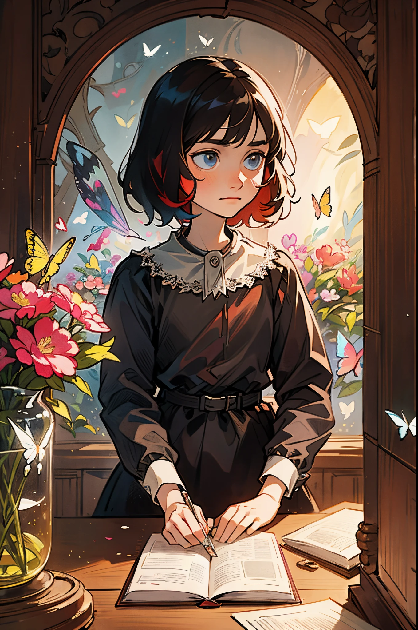 A vibrant and colorful depiction of Anne Frank's diary, with each page filled with her thoughts and dreams, surrounded by delicate flowers and butterflies.