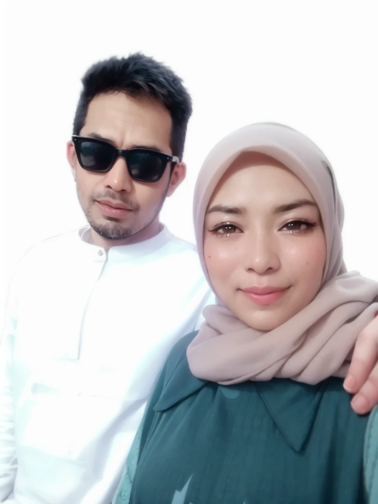 muslim couple taking selfie with cell phone in front of black background, couple, potrait, protrait, lovely couple, happy couple, full protrait, scandy and arender, profile pic, couple pose, profile photo, with wart, wpol and sarasti, 8k selfie photograph, by Abidin Dino, photo portrait, kuntilanak, ismail