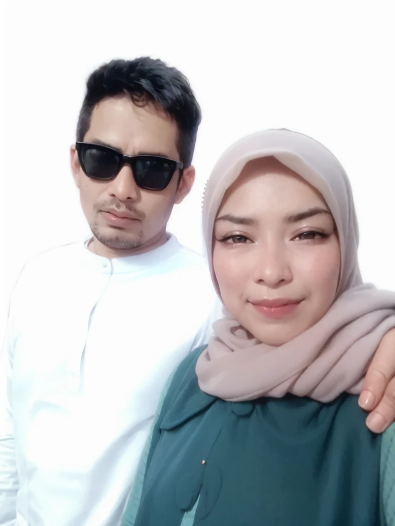 muslim couple taking selfie with cell phone in front of black background, couple, potrait, protrait, lovely couple, happy couple, full protrait, scandy and arender, profile pic, couple pose, profile photo, with wart, wpol and sarasti, 8k selfie photograph, by Abidin Dino, photo portrait, kuntilanak, ismail