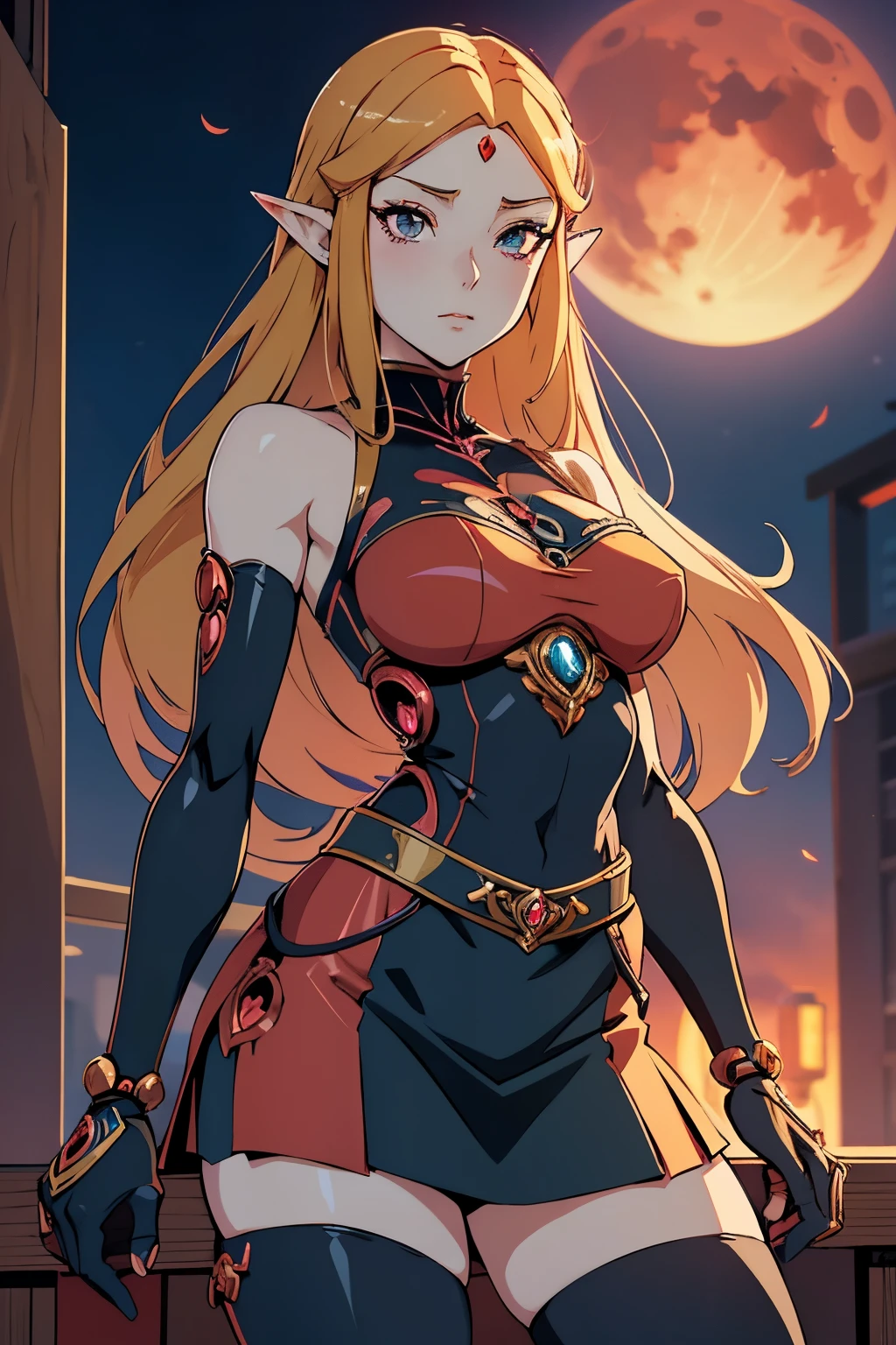 anime - style image of a woman wearing skirt and top, seductive anime woman, biomechanical, not safe for work, beautiful alluring anime woman, princess Zelda, casual pose, attractive anime goth, hentai style, female anime character, mechanical limbs, during the blood moon