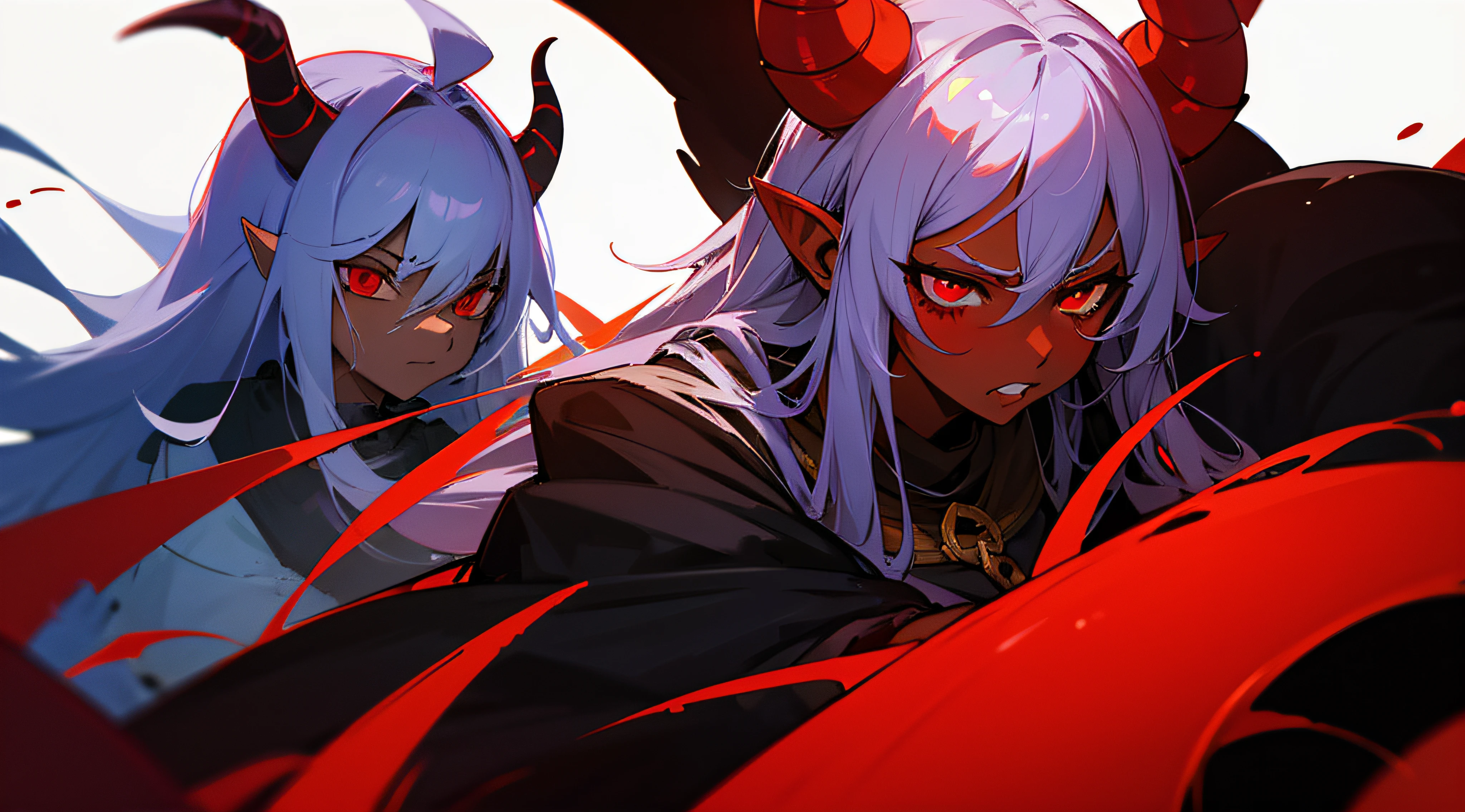 Dark skin, Female Demon, Red Eyes, Curled Horns, Disgusted Look