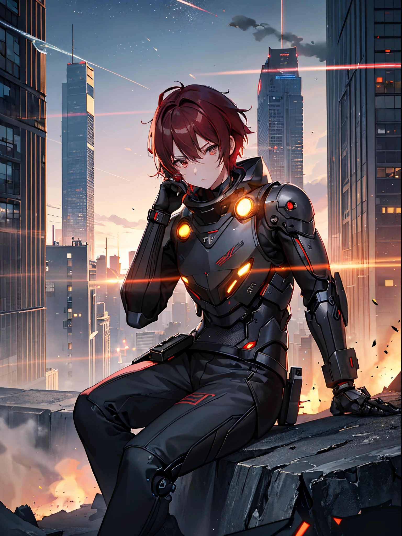 Smoke, (war:1.5), Postapocalypse, ((planets in the sky, stars on sky)), ((the night:1.3)), city ruins background, ((Spacecraft in the sky)), scientific fiction, (Sports organizations: 1.4), ((1male people)), ( Muscular male body), sitting on building rubble, (Tired look:1.3), (Short red hair:1.4), (Brown eyes:1.2), (Eyes and faces with detailed:1.3), (cyberpunk clothes), (Black clothing:1.3), Black sweatshirt, Black pants, (1 cyborg arm:1.3), bottle on the floor, city future, (Calm face:1.3), Destroyed skyscrapers, wire, nffsw (High dynamic range), Ray traching, NVIDIA RTX, excessive resolution, Unreal 5, Sub-surface scattering, текстурирование PBR, postprocessed, Anisotropy Filtering, depth of fields, Maximum clarity and sharpness, Multilayer Texture, Albedo and specular maps, Surface Shading, Accurate Light-Material Interaction Simulation, Octane Rendering, Duotone lighting, Low ISO, White Balance, The Rule of Thirds, Wide aperture, 8K Raw, Efficient Subpixel, sub-pixel convolution, (Luminescent particles: 1.4), {{tmasterpiece, top-quality, Highly detailed CGI, Unity 8k壁纸, 。.3D, 电影灯光, lensflare}},