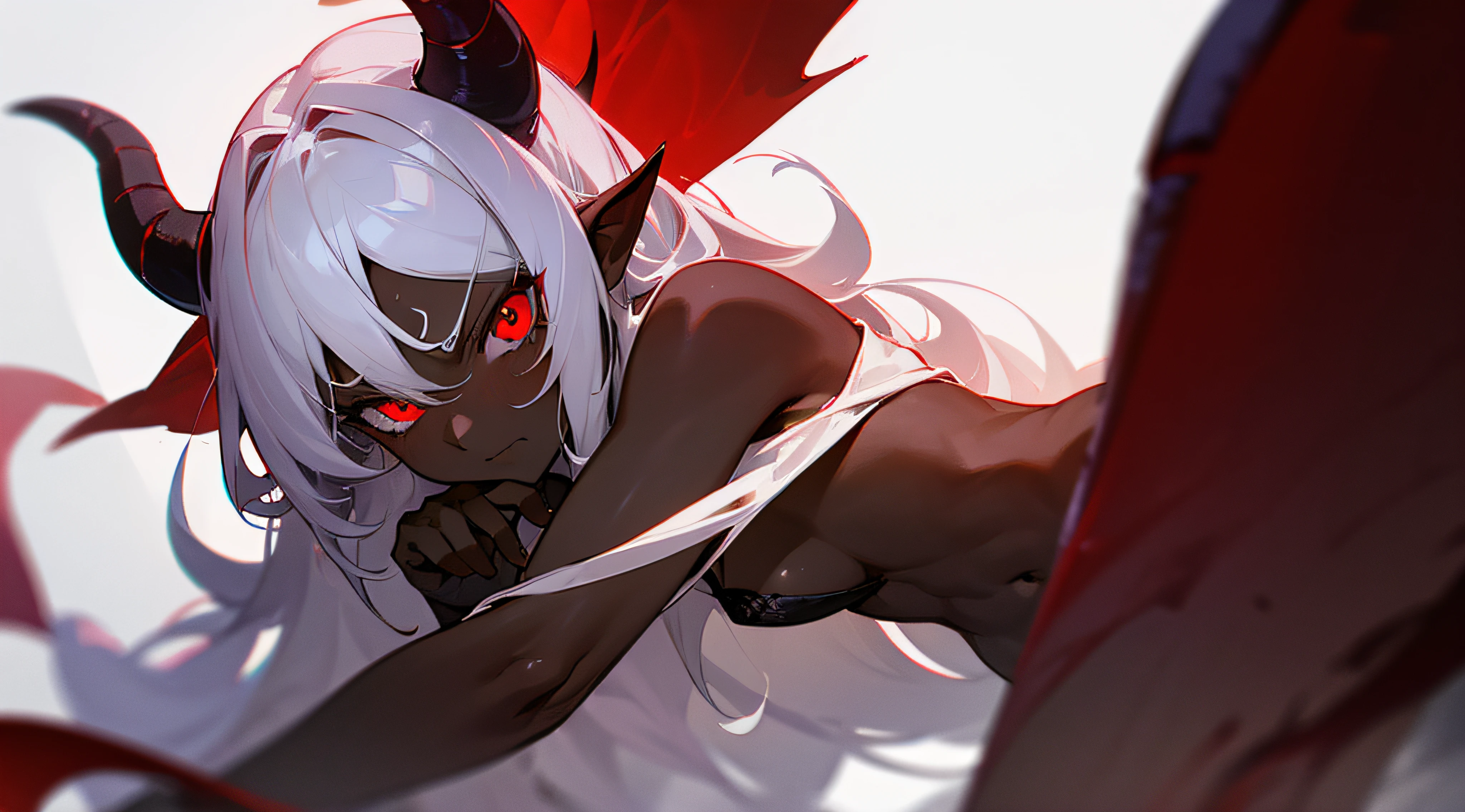 Dark skin, Female Demon, Red Eyes, Curled Horns, Disgusted Look