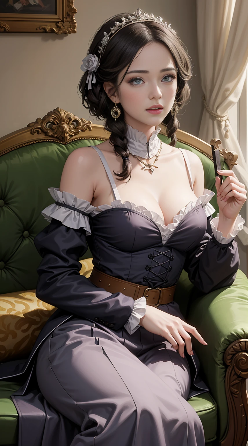 araffe woman sitting on a couch with a fan and a fan, in victorian aristocrat, song hye - kyo, wearing 1890s era clothes, victorian style costume, on set, inspired by May de Montravel Edwardes, kazakh empress, inspired by Juan Luna, aristocratic clothing, biopic, wearing 1850s era clothes