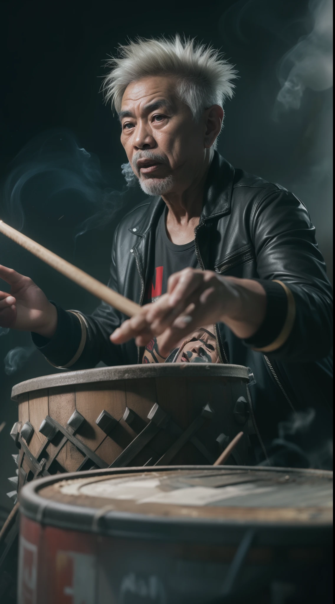 a 70 years old malay man in super mario costume outfit with spiky punk hair playing drum in waste disposal site, night, serious face, nighttime, in school of rock movie style, hyper - realistic photography, dramatic effect, smoke effect in background, dark color grading, full body, 8k, close - up shot, extreme close - up photo