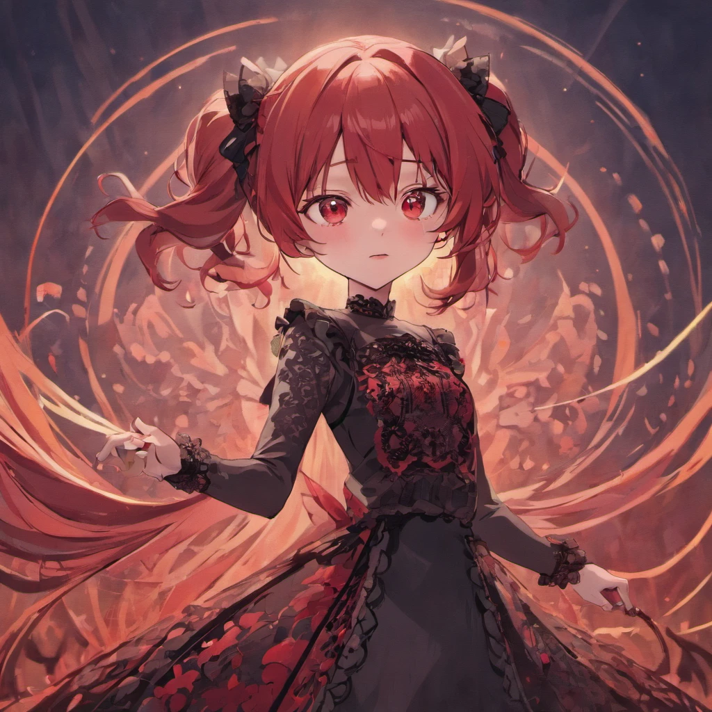 A ，dual horsetail，black lace dress，red color eyes，Tsundere，The character is centered，Gothic