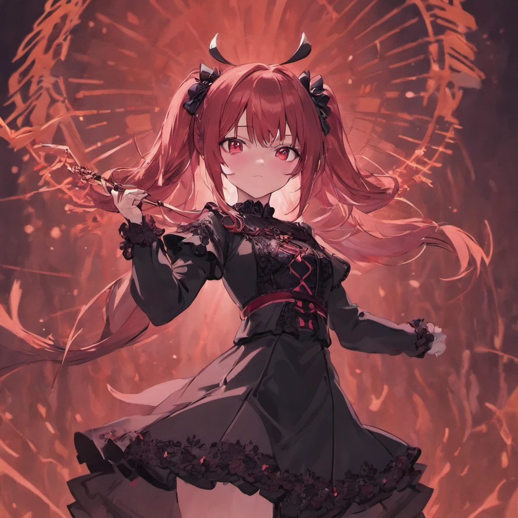 A ,dual horsetail,black lace dress,red color eyes,Tsundere,The character is centered,Gothic