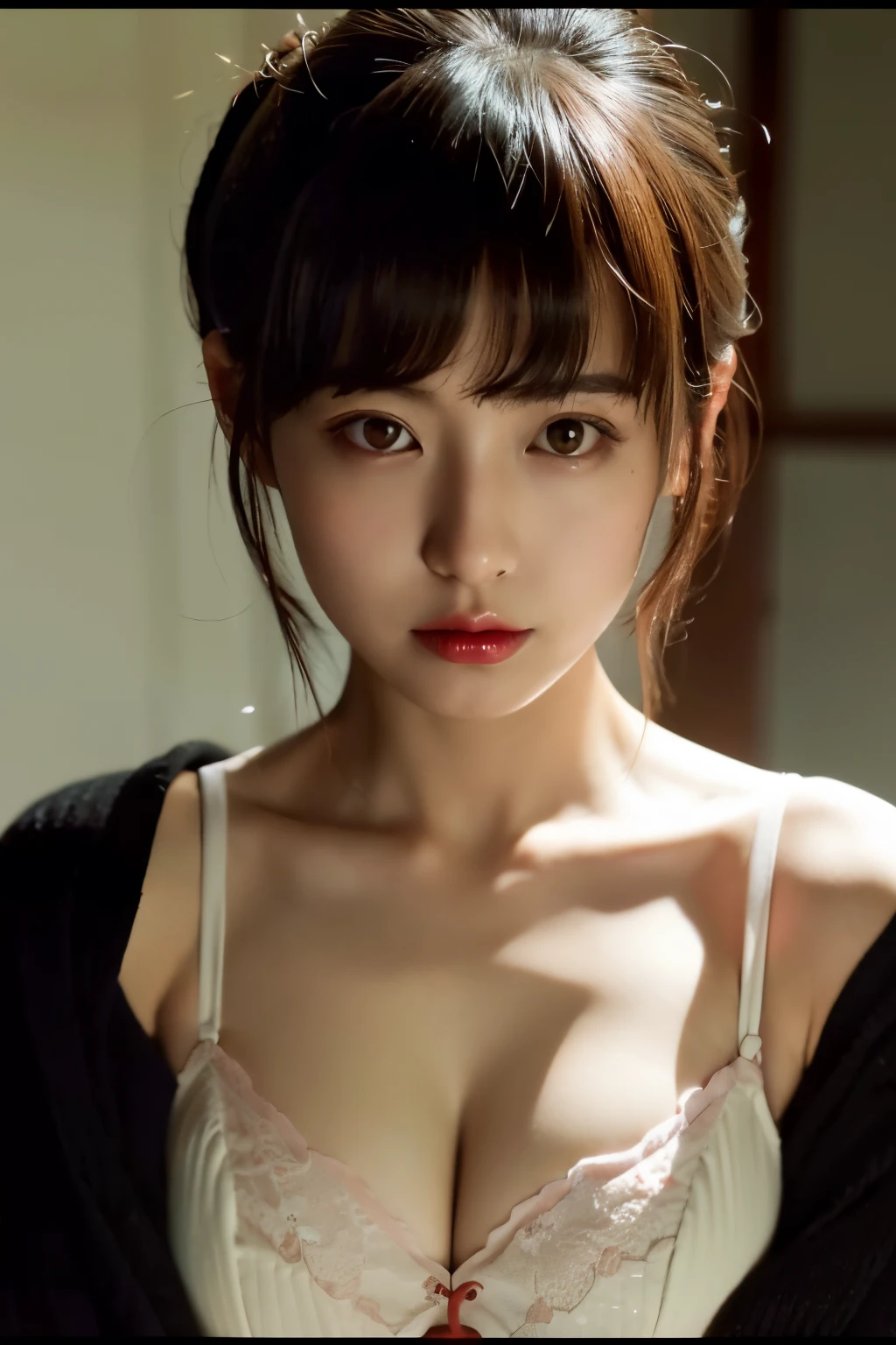 ((Best Quality)), ((masutepiece)), (Cinematic aesthetics:1.4) japanes、A dark-haired、poneyTail、With valley、red bra、White shirt、shot from top、Thick lips、White background