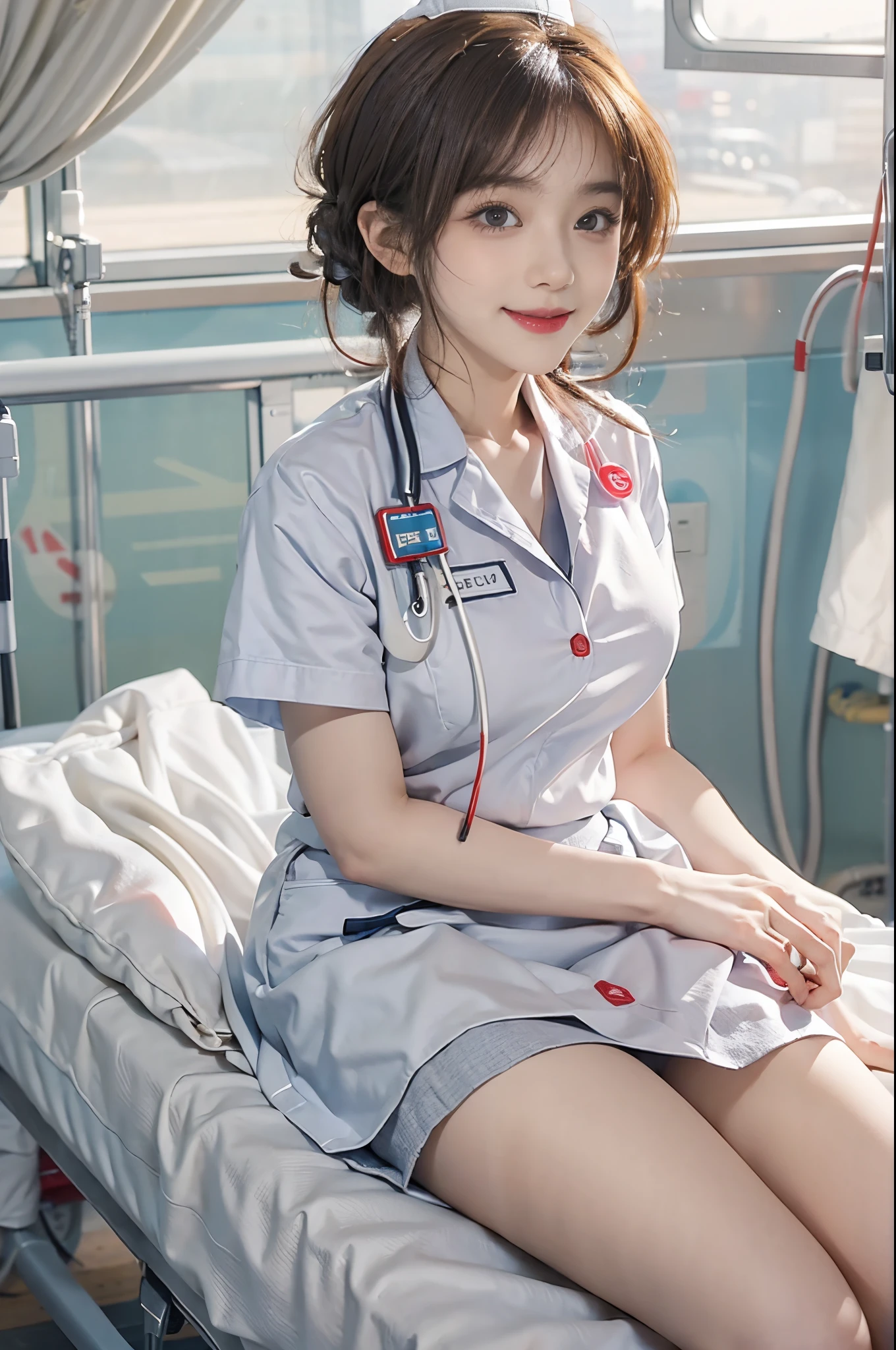 Create an image of a nurse in a white uniform sitting next to a hospital bed, prepare for injection. Capturing the detailed characteristics of nurse uniforms, The crisp white fabric stands out, Mini skirt ,her facial expression indicates intensive care.brunette disheveled hair:1.3、A smile、open one's legs