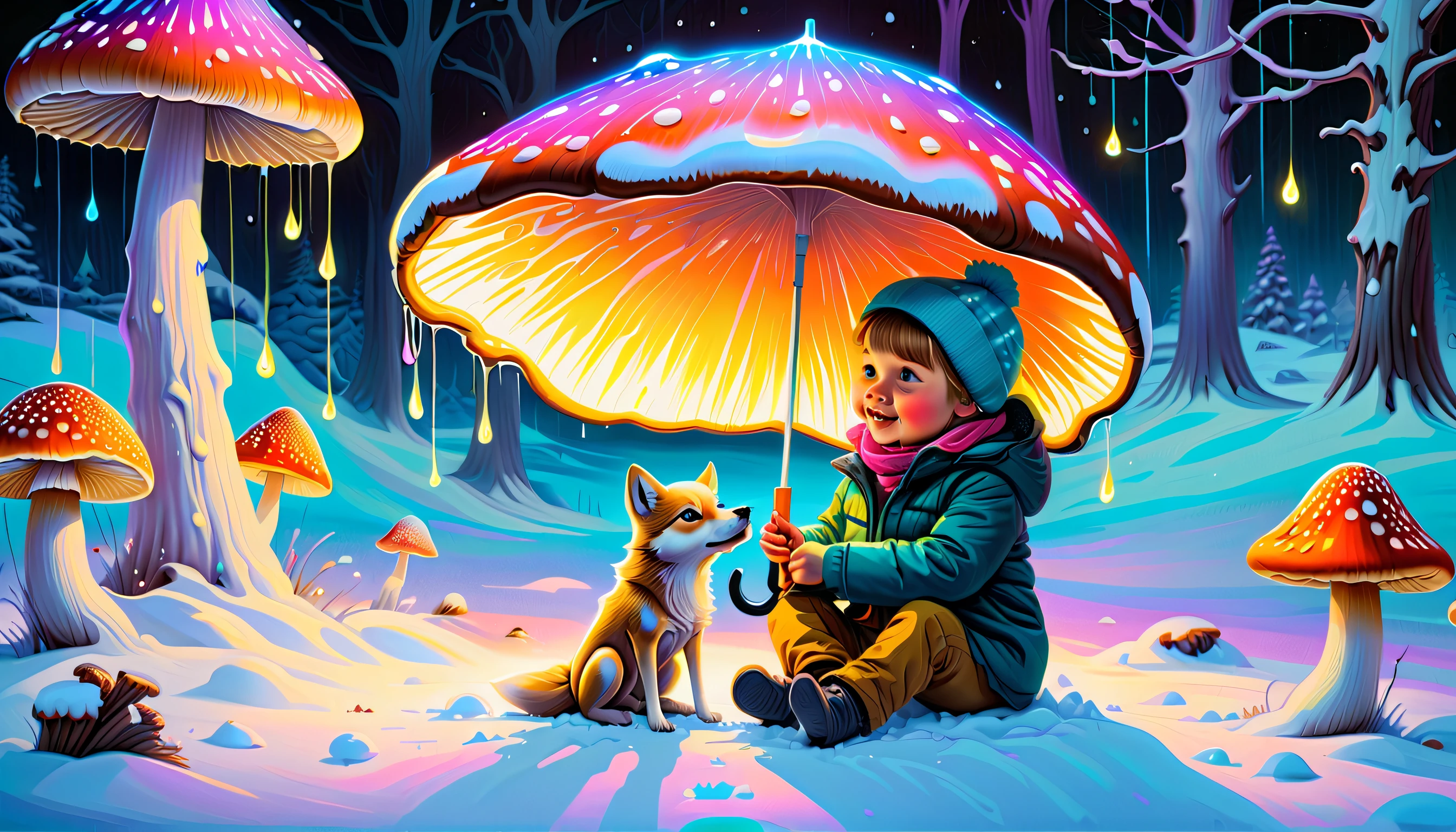 (((very detailed gouache painting:1.3))), Capture everything in sharp focus, Unparalleled sharp clarity, Unparalleled sharpness and clarity, (((There are many beautifully glowing bioluminescent mushrooms around.:1.3))), (((Cute festive kid and wolf pop sitting in the snow:1.3))), (((neon bioluminescent mushroom umbrella:1.2))), (((Creates a playful and enchanting Christmas atmosphere:1.3))). colorful lights and decorations, (Expertly rendered using Optical Light Fine Paint:1.1), Create stunning levels with bright, detailed brushstrokes, The brushstrokes are intricate and luxurious., (((Beautiful and unique pieces with a mysterious touch:1.1))), The background is dark imperial and beautiful., (((Add holographic style:1.3))), (((Fine, intense brushstrokes bring out every intricate detail:1.3))), (((victorian illustration style:1.3))),