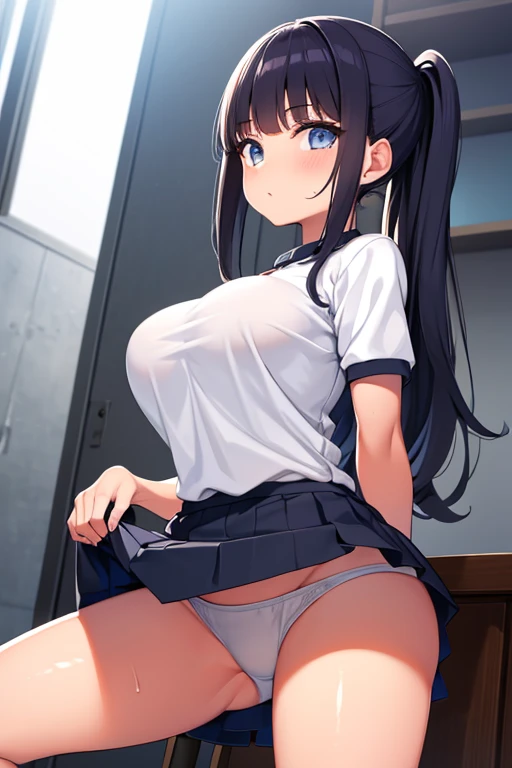 18year old,Blazer Uniform,pleatedskirt,White pants,Large breasts,Larger buttocks,Narrow waist,hair is twin tail,sexypose,full bodyesbian,portlate,a miniskirt,Tucked up pose,Clothes are wet with water