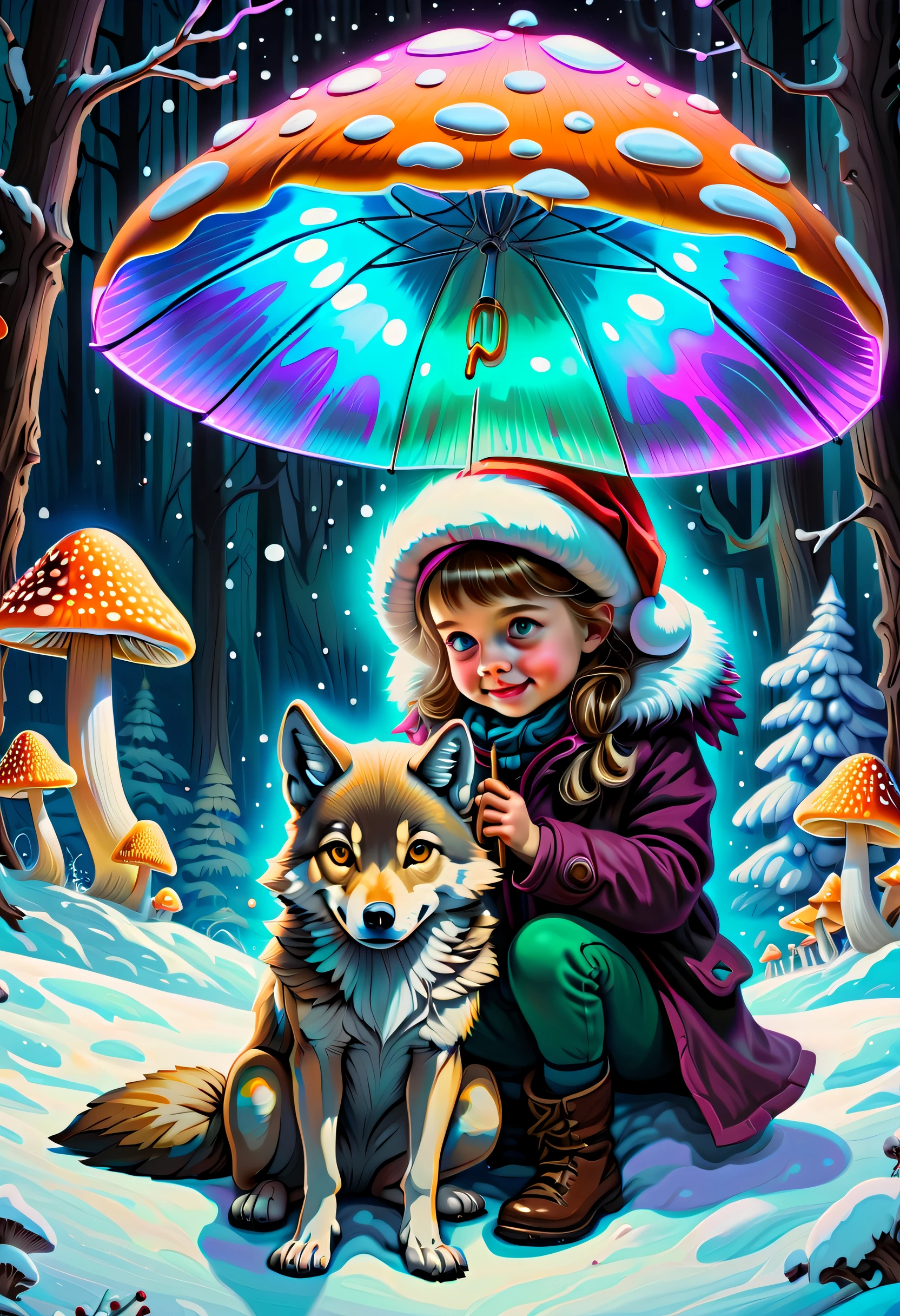 (((very detailed gouache painting:1.3))), Capture everything in sharp focus, Unparalleled sharp clarity, Unparalleled sharpness and clarity, (((There are many beautifully glowing bioluminescent mushrooms around.:1.3))), (((Cute festive kid and wolf pop sitting in the snow:1.3))), (((neon bioluminescent mushroom umbrella:1.2))), (((Creates a playful and enchanting Christmas atmosphere:1.3))). colorful lights and decorations, Expertly rendered using Optical Light Fine Paint, Create stunning levels with bright, detailed brushstrokes, The brushstrokes are intricate and luxurious., Beautiful and unique pieces with a mysterious touch, The background is beautifully rendered to look like a dark imperial, (((Add holographic style:1.3))), (((Fine, intense brushstrokes bring out every intricate detail:1.3))), (((victorian illustration style:1.4))),