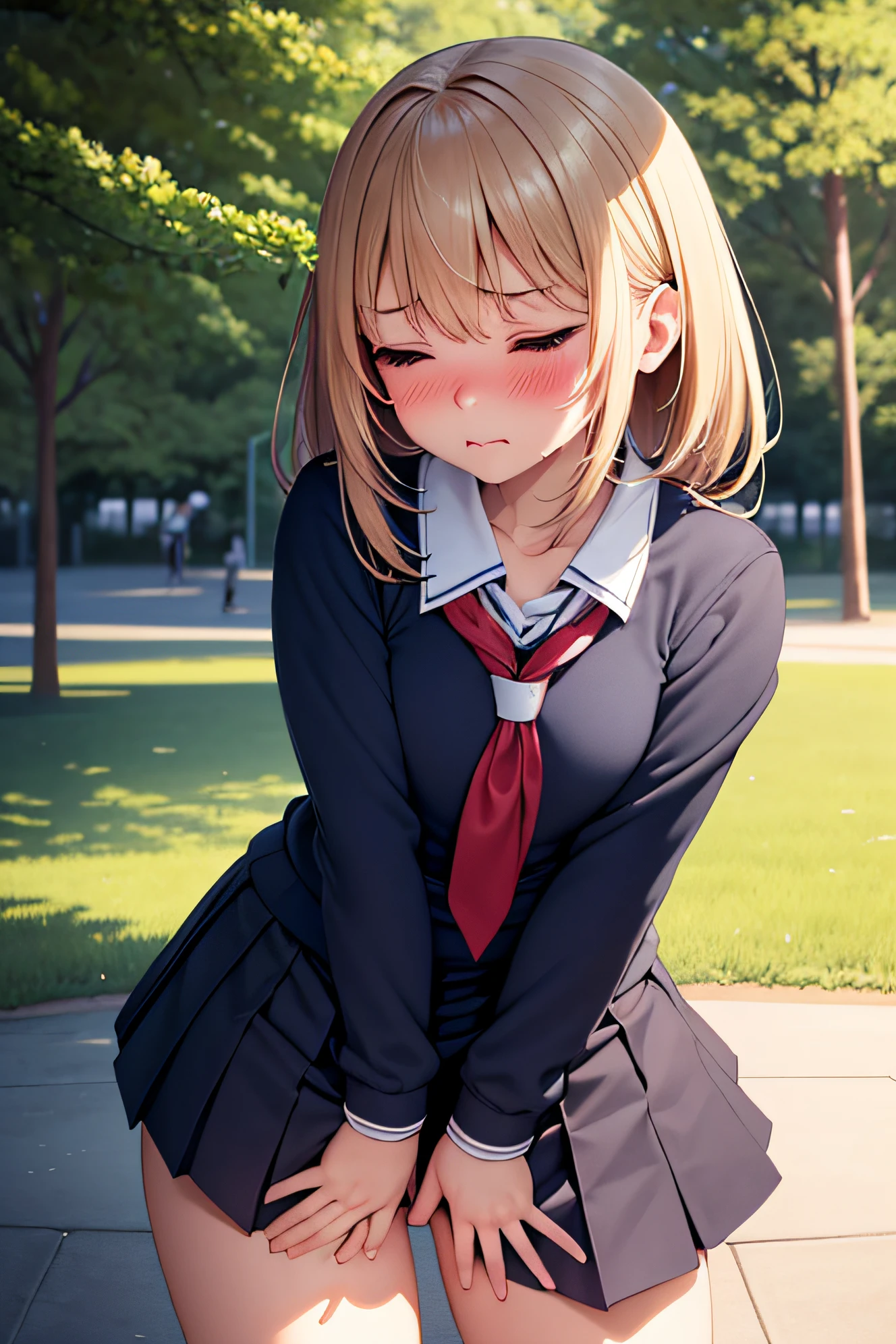 superfine illustration, Perfect Anatomy, Best Quality, Hires, amazing shading, Beautiful skin, 1 little girl, nose blush, Saliva, Ecstasy,  Close eyes, ,School Uniforms , Full body, SEX, Yor, touches crotch, (Rubbing the crotch with your hands:1.2),  suggestive pose,(a park:1.5),Opening Mouth