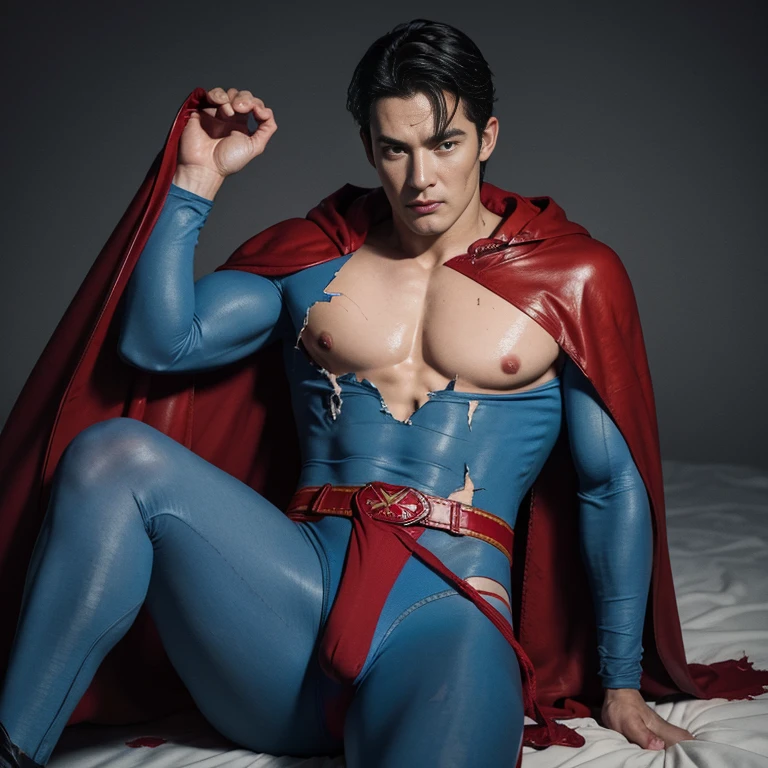 best quality, ultra high res, photo,realistic, detailed background,mature white male,(superman blue cotton union suit:1.1),(red thong:1.5),blue skin tights pants,nipple,black hair,age 30,perfect face, super handsome face, perfect face, clean face,black hair,(expression of suffering:1.4),(torn clothes:1.4),(cum dripping out of:1.1),body hair,red superman leather boots,yellow belt,pot belly,bulge,eye close,lying,red cloak,pectorals grab