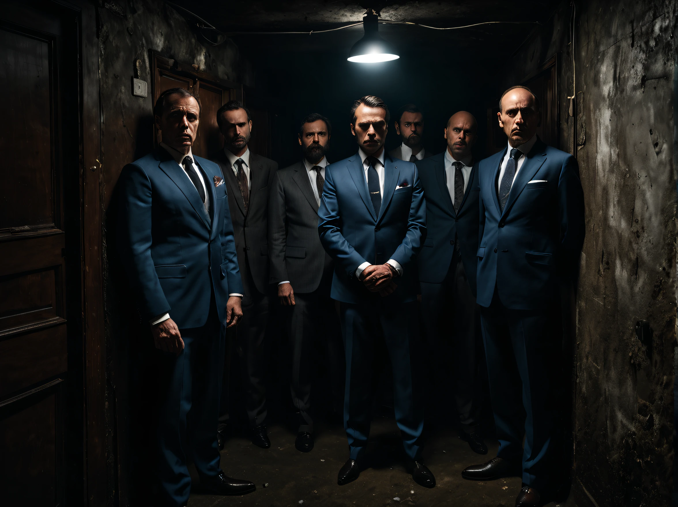 (8k, raw photo, ultra detailed, masterpiece), italia mafias standing in front of the basement door with grim looks on their faces, wearing luxury suits and accessories, in the dark basement, one light bulb is lighting up the basement, noir film style, angry, violent, competition, negotiation, cinematic lighting, shot on wide angle lens, dark background, blue-grey tone, low key
