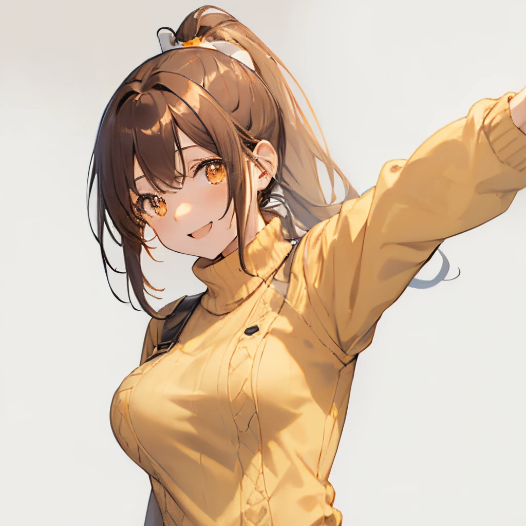 【Highest Quality, masutepiece】 [girl, expressioness,deep orange eyes, front facing,dark brown hair,long ponytail hair,yellow knit cloth, Happy, Upper body] (Gray white background:1.2),very happy smile,boobs,