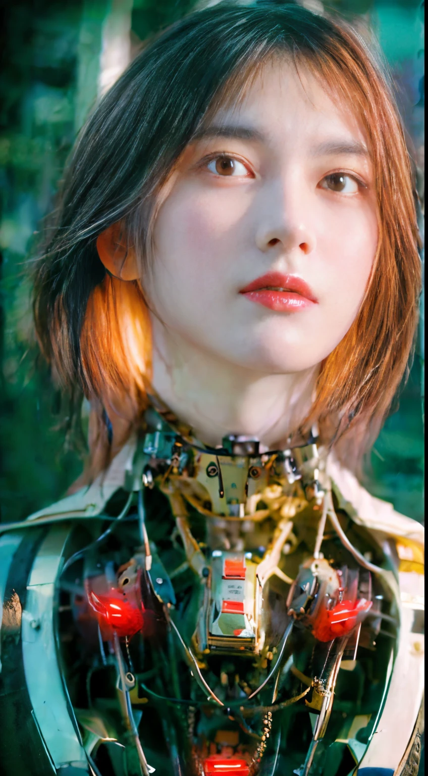 (1 Mechanical Girl)、top-quality、masterpiece、超A high resolution、(Photorealsitic:1.4)、Raw photo、女の子1人、Golden hair、glowy skin、(((1 Mechanical Girl)))、(Small LED)、((super realistic details))、portlate、globalillumination、Shadow、octan render、8K、ultrasharp、Colossal tits、Raw skin is exposed in cleavage、metals、Details of complex ornaments、Japan details、highly intricate detail、Realistic light、CGSoation Trends、Red Eyes、radiant eyes、Facing the camera、neon details、(Mechanical limbs)、(blood vessels connected to tubes)、Mechanical vertebrae attached to the back、mechanical cervical attaching to neck、(Wires and cables connecting to the head)、Gundam、Small LED、,Mechanical thighs、Toostock、