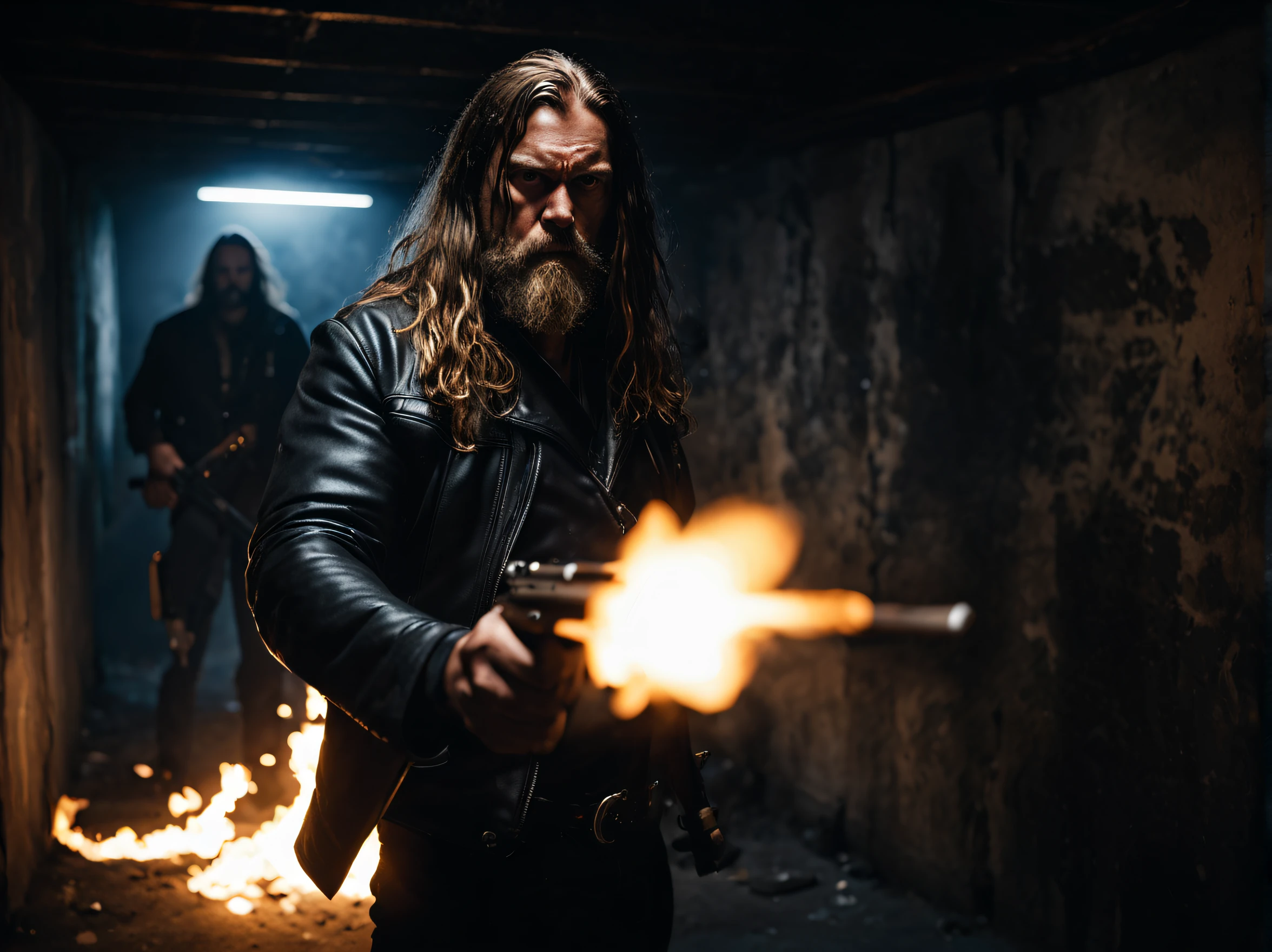 (8k, raw photo, ultra-detailed, masterpiece), a long hair American biker gang with a shotgun on his opponent, flames from the gun, in the dark cellar, one light bulb lighting up the basement, noir film style, angry, violent, competition, negotiation, cinematic lighting, shot on wide angle lens, dark background, blue-grey tone, low key