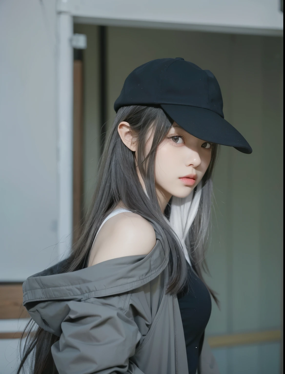 A girl with realistic gray long hair,(same realistic hairstyle),realistic black hat,realistic pretty face,realistic cool expression,adapt equally realistic clothes, Korean style realistic, realistic light, realistic shadows, realistic background, good image quality, very good image results, 4k, ultra detailed, realistic