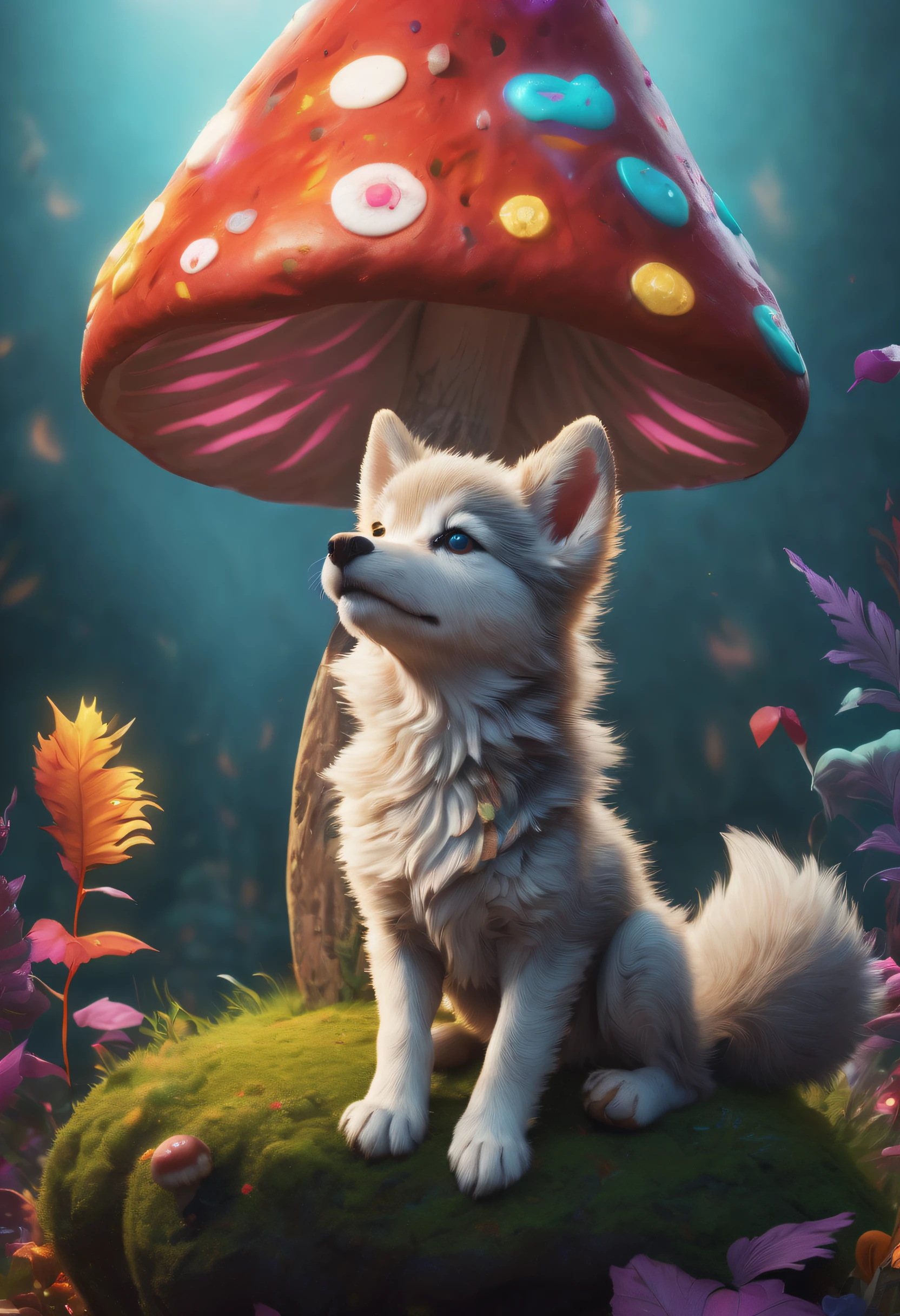 Whimsical scene of a cute wolf puppy sitting on a mushroom wearing a glowing hat, Surrounded by colorful and playful decorations. Cute Pose, charming and nice wishes, Vibrant and lively decoration, A mysterious magical world, Rich dark cyan color, Explosive background effects with a touch of coolness and edge, Add light painting colors, Absurd resolution, Dynamic swing effect element piece, Exquisitely clear details, Careful attention to intricate details, Expertly rendered using optical light paint, (((Radiosity rendered in astonishing 32K resolution:1.3))), Highest Quality, hightquality,