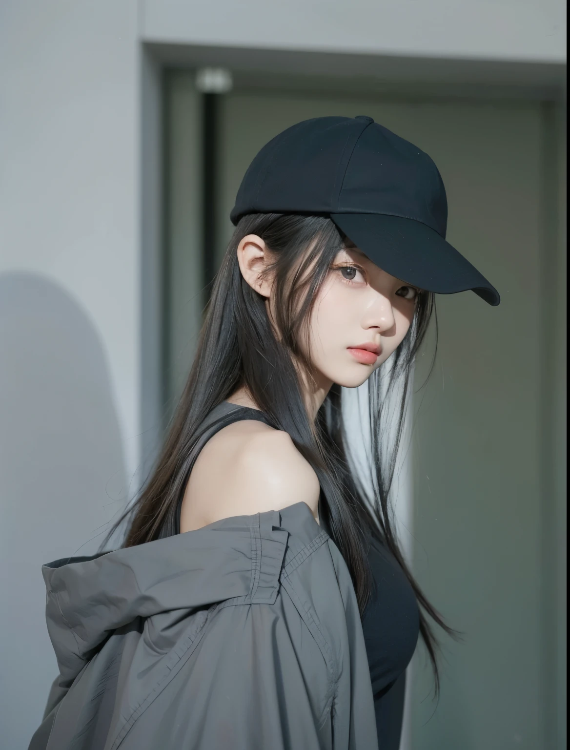 A girl with realistic gray long hair,(same realistic hairstyle),realistic black hat,realistic pretty face,realistic cool expression,adapt equally realistic clothes, Korean style realistic, realistic light, realistic shadows, realistic background, good image quality, very good image results, 4k, ultra detailed, realistic