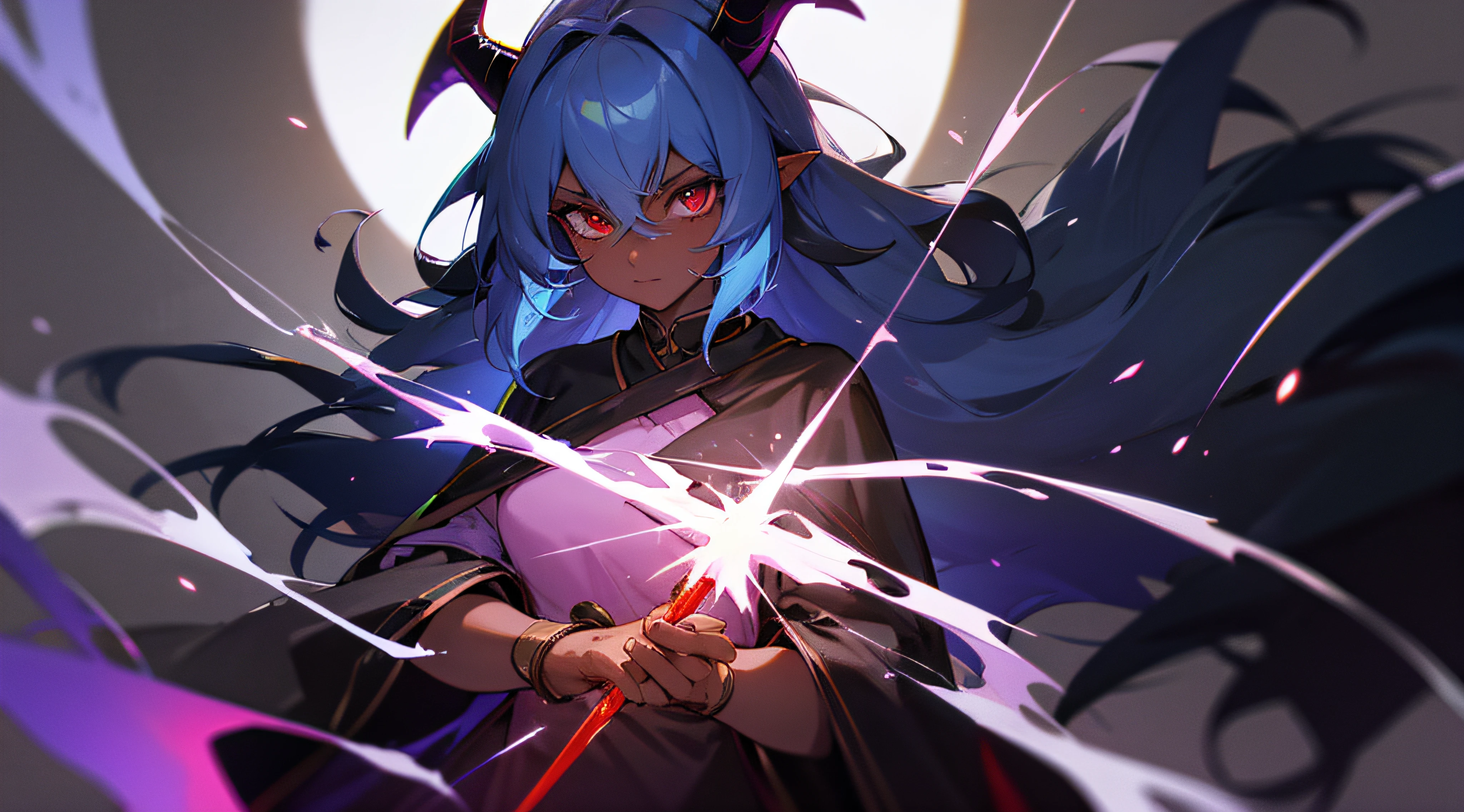 Dark skin, Female Demon, Curled Horns, Using Blessed Magic