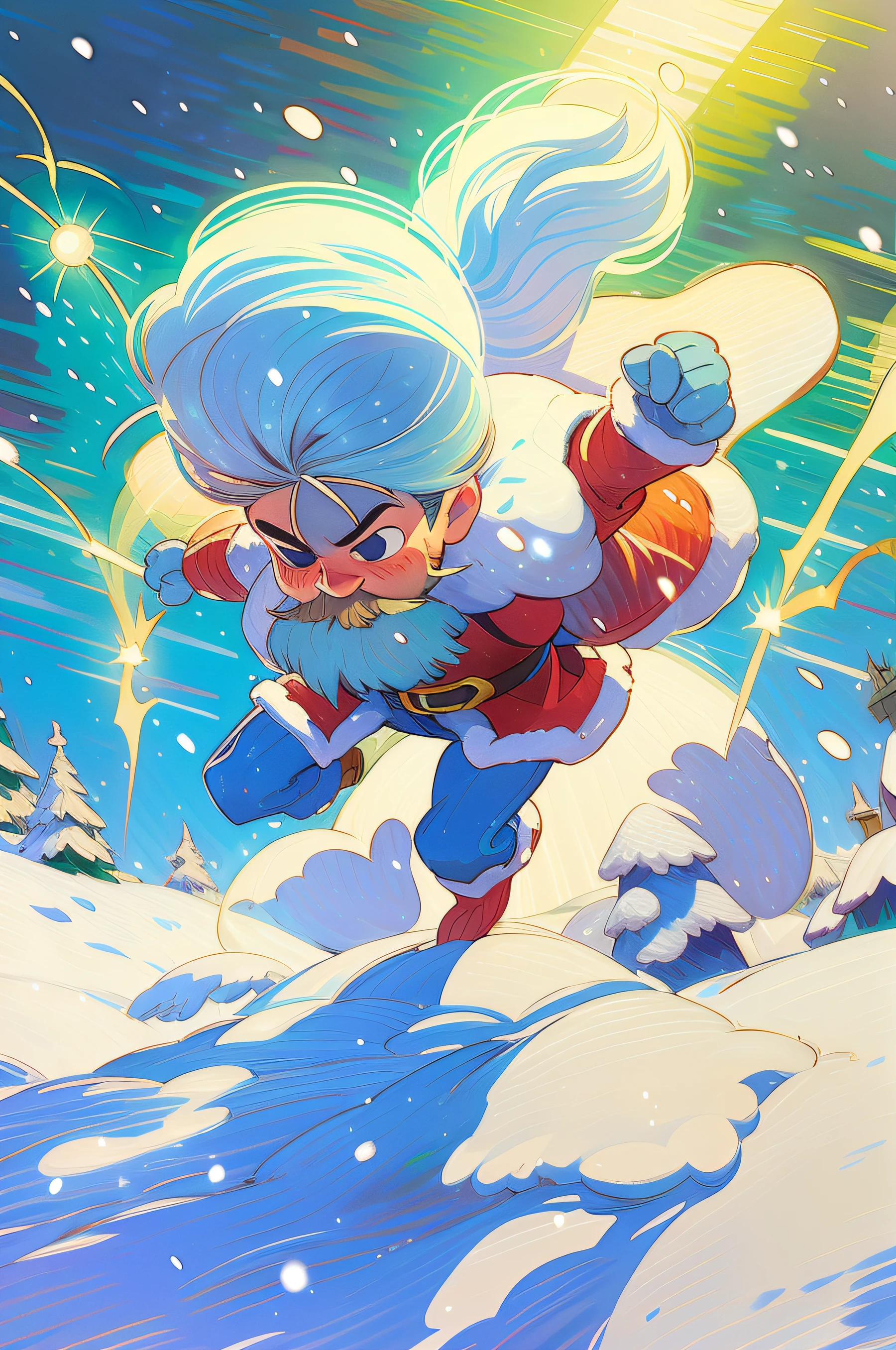 superhero santa claus, Cloaked, flying in the snow, safe, super energy magic