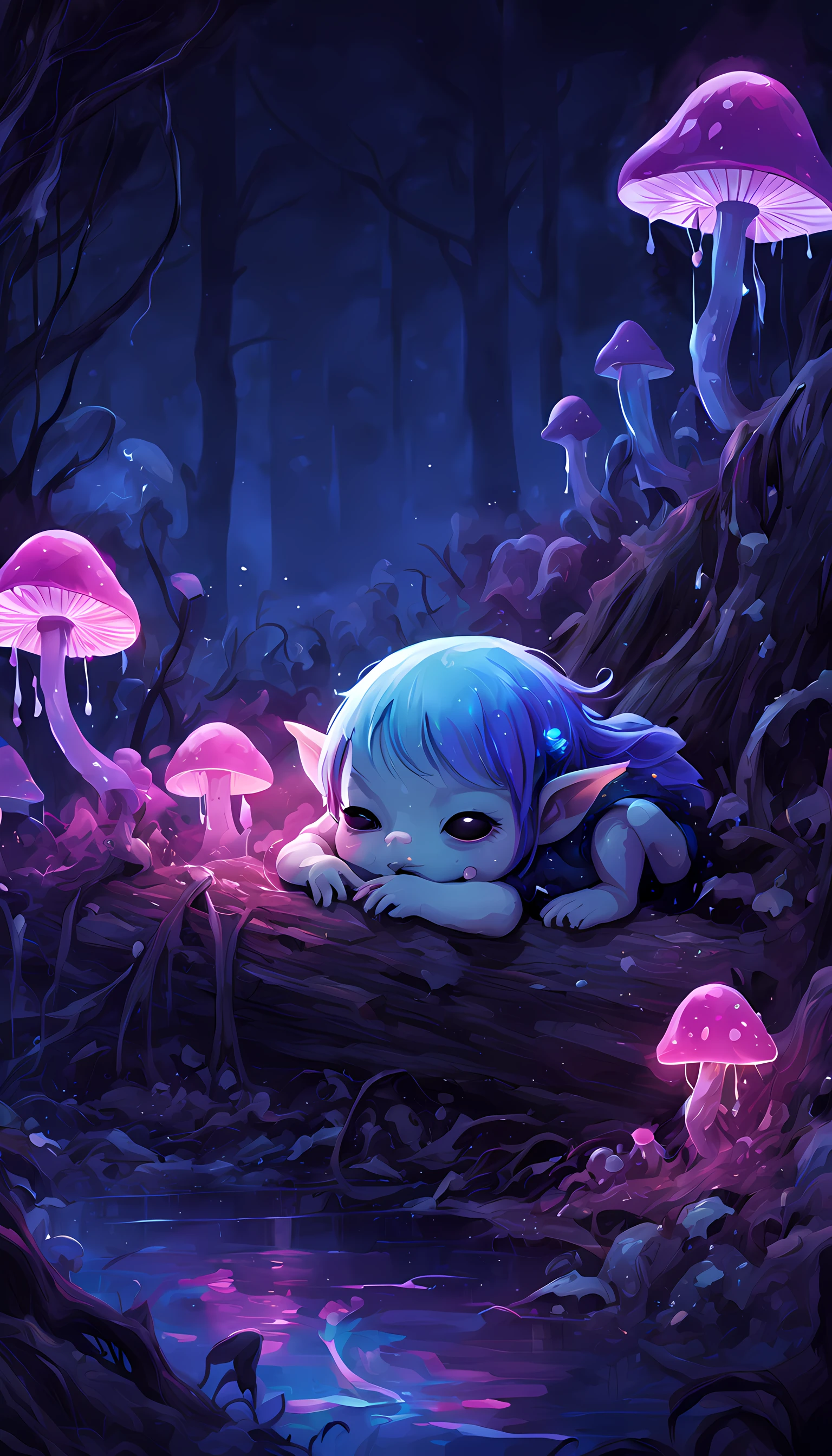hundred fireflies, bioluminescent mushrooms, glowing mushrooms, (a baby goblin sleeping), foggy, misty, digital illustration, little to no light, darkness, the color palate of dark pink, light purple, navy blue, dark brown, and Bluebonnet, high contrast, mystical, a dead rotten log, night, poison dripping, liquid dripping, slime, vibrant colors, fairy dust, lots of shadows, nightmares, eerie, absolute horror, dark and deep, shadows, extremely detailed, ultra-detailed, 4k, digital illustration, watercolor, Artstation, dynamic lighting, dynamic range