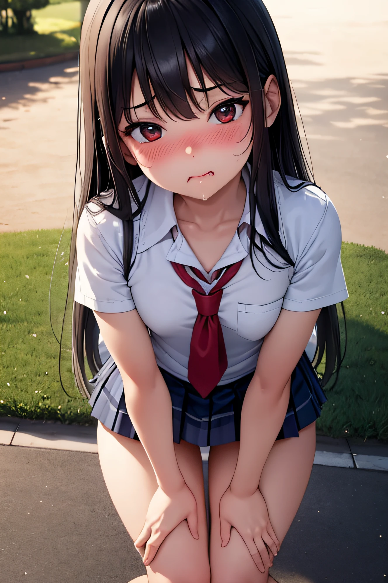 superfine illustration, Perfect Anatomy, Best Quality, Hires, amazing shading, Beautiful skin, 1 little girl, nose blush, Saliva, Ecstasy,  Close eyes, ,School Uniforms , Full body, SEX, Yor, touches crotch, (Rubbing the crotch with your hands:1.2),  suggestive pose,(a park:1.5)