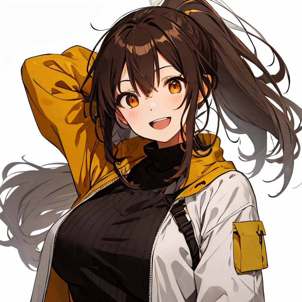 【Highest Quality, masutepiece】 [girl, Manteau, expressioness,deep orange eyes, front facing,dark brown hair,long ponytail hair,yellow knit cloth, Happy, Upper body] (Gray white background:1.2),very happy smile,boobs,gun,