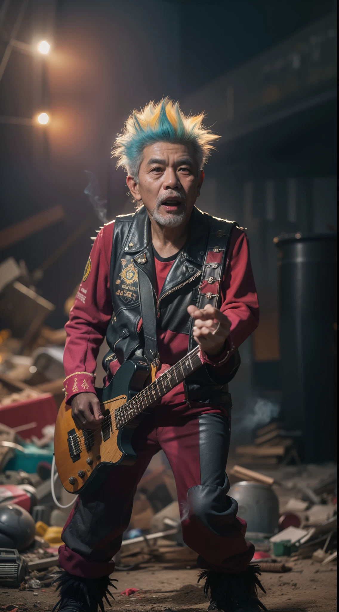 a 70 years old malay man in super mario costume outfit with spiky colorful punk hair singing rock song in waste disposal site, night, serious face, nighttime, in school of rock movie style, hyper - realistic photography, dramatic effect, smoke effect in background, dark color grading, full body, 8k, close - up shot, extreme close - up photo